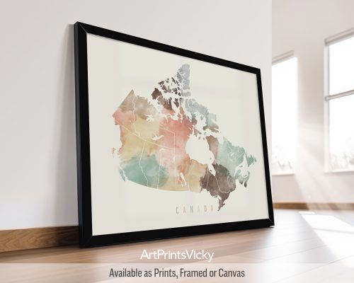 Pastel cream watercolor print of the Canada map on a soft cream background, with "Canada" written below in handwritten script. Perfect for lovers of Canadian landscapes and gentle color palettes by ArtPrintsVicky.