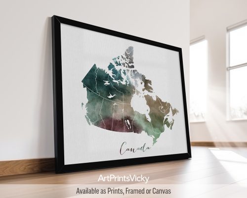 Earthy watercolor print of the Canada map, with "Canada" written below in handwritten script, on a textured background. Perfect for lovers of Canadian wilderness and the True North by ArtPrintsVicky.
