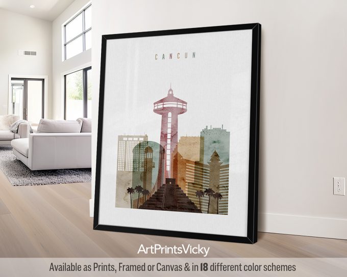 Art print of Cancun cityscape featuring buildings and a tower in a minimalist design.