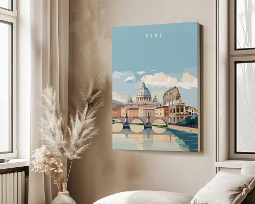 Illustration of a cityscape featuring iconic buildings in Rome with a bridge and water reflection.