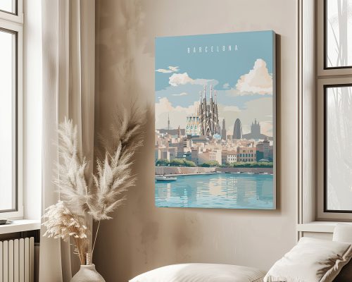Art print of Barcelona featuring the Sagrada Familia and city skyline with water reflection.