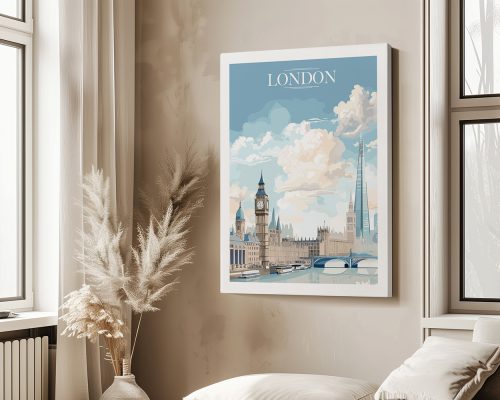 Illustration of London featuring Big Ben, the Shard, and other iconic buildings under a blue sky.