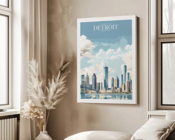Art print of Detroit city skyline with clouds and water reflection.