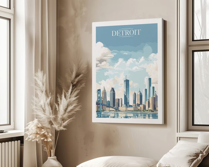 Art print of Detroit city skyline with clouds and water reflection.