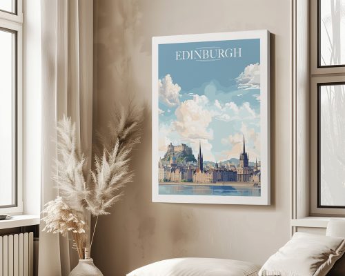 Art print of Edinburgh featuring a skyline with buildings and clouds in a blue sky.