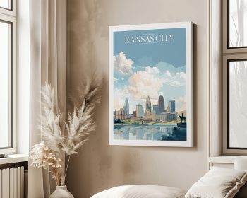 Art print of Kansas City skyline featuring buildings and clouds in a stylized design.