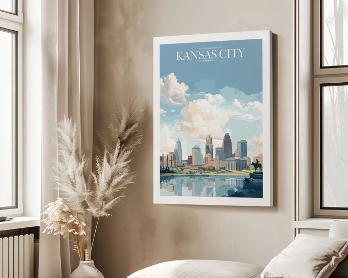 Art print of Kansas City skyline featuring buildings and clouds in a stylized design.