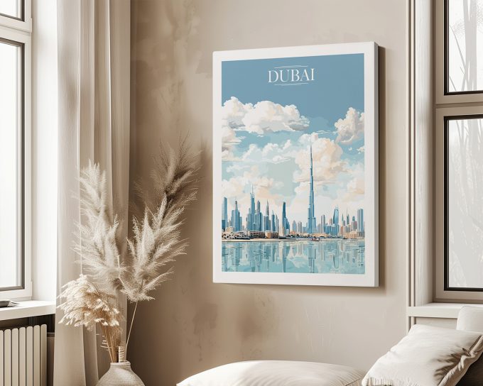 Art print of Dubai skyline featuring the Burj Khalifa and clouds above a reflective water surface.