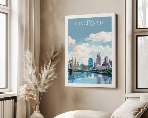 Art print of Cincinnati skyline with buildings reflected in water under a blue sky with clouds.
