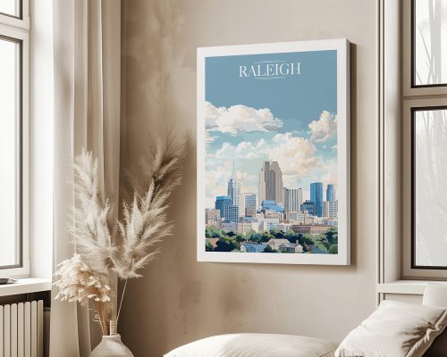 Illustration of Raleigh city skyline with clouds and blue sky in the background.