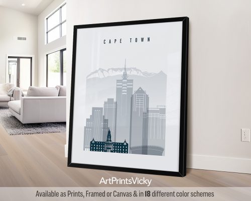 Cape Town city poster in Grey Blue watercolor style by ArtPrintsVicky