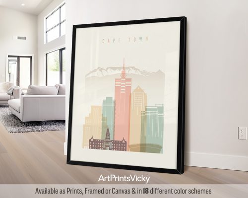 Cape Town city skyline print in a warm Pastel Cream color theme by ArtPrintsVicky