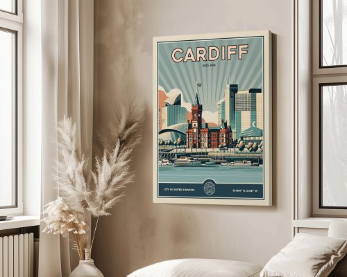 Retro-style poster featuring Cardiff's skyline with buildings and a ship in the foreground.