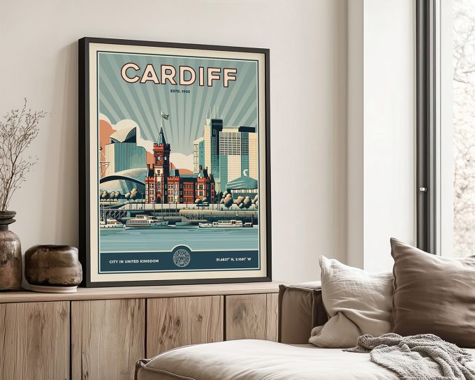 Framed retro print of Cardiff featuring notable buildings and landmarks in a stylized design.