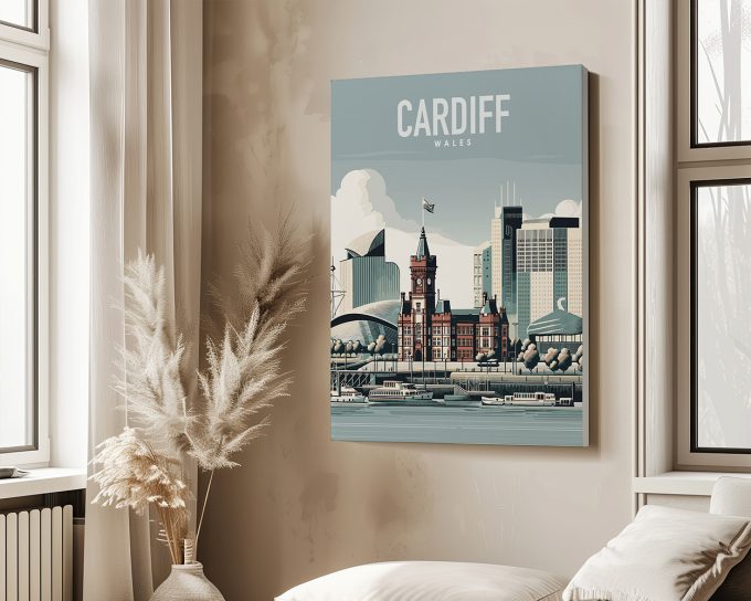 Illustration of Cardiff, Wales featuring notable buildings and a waterfront view.