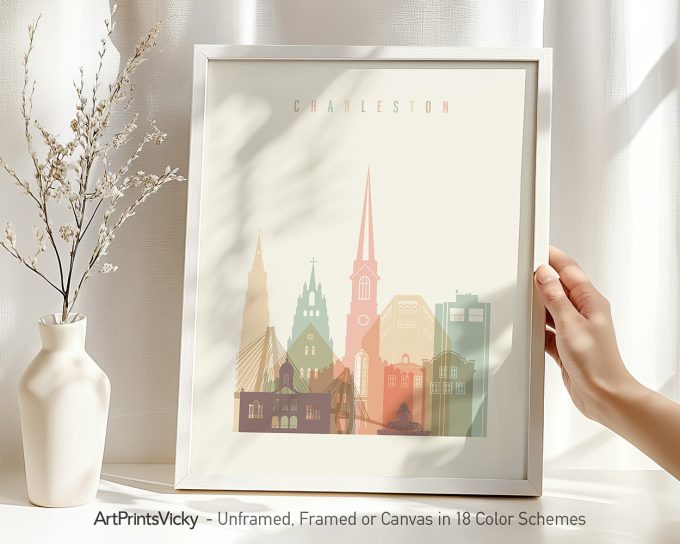 Art print of Charleston cityscape featuring buildings and a church steeple in soft colors.
