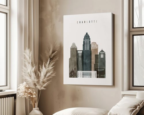 Artistic representation of the Charlotte city skyline with various buildings in muted colors.