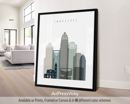 Charlotte minimalist art print in cool Earth Tones 4. Features modern skyscrapers, hints of historic architecture, and Southern vibes by ArtPrintsVicky