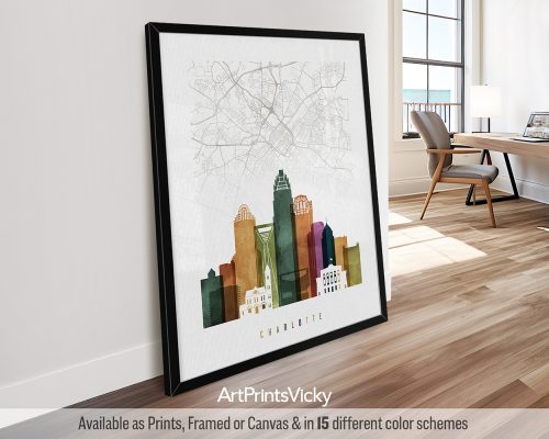 Charlotte, North Carolina skyline & map poster featuring iconic landmarks and a street layout in a bold and expressive Watercolor 3 style, by ArtPrintsVicky.