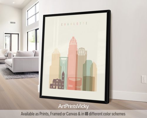Charlotte city skyline print in a warm Pastel Cream color theme by ArtPrintsVicky