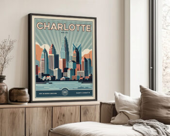 Framed poster of the Charlotte skyline with stylized buildings and the word 'Charlotte'.
