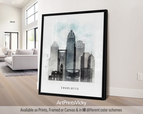 Charlotte, NC skyline featuring iconic skyscrapers and landmarks in an architectural Urban 1 style with bold lines, by ArtPrintsVicky.