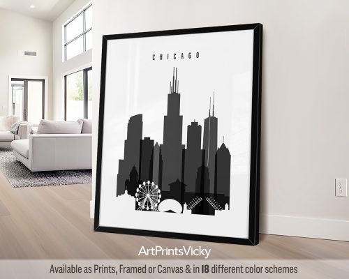 Black and white Chicago skyline art print by ArtPrintsVicky
