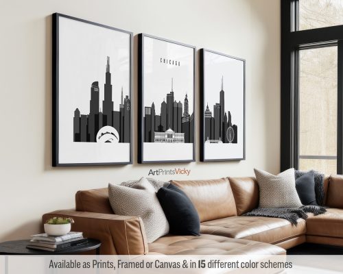 Chicago skyline triptych featuring Willis Tower, iconic skyscrapers, and the vibrant cityscape in a bold black and white minimalist style, divided into three separate prints. by ArtPrintsVicky.