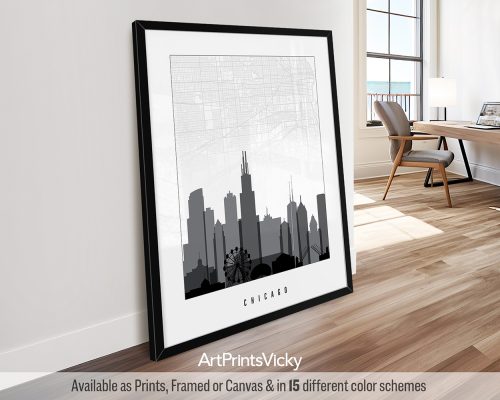 Black and white Chicago map & skyline poster featuring Willis Tower, Millennium Park, iconic landmarks, and a detailed street layout, by ArtPrintsVicky.