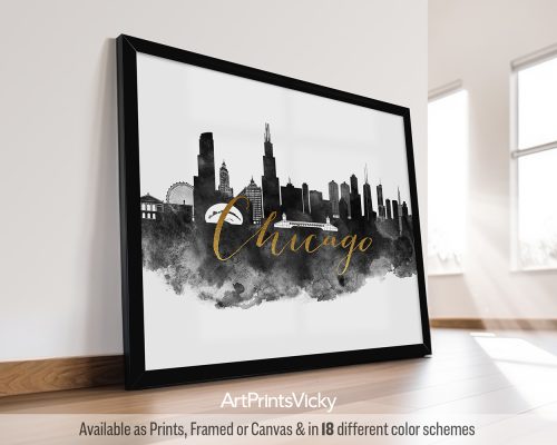 Black and white Chicago city print with faux gold "Chicago" title by ArtPrintsVicky