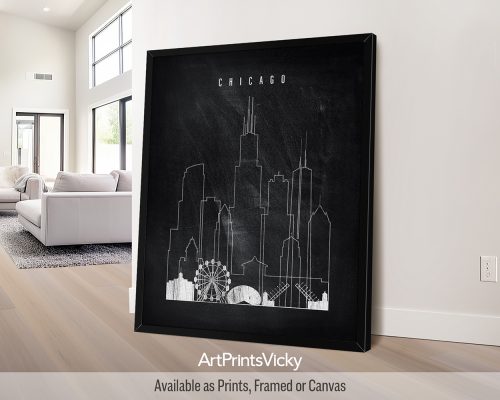 Chicago city skyline print featuring white chalk outlines on a textured black background by ArtPrintsVicky.