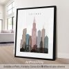 Art print of a stylized Chicago cityscape featuring tall buildings and a Ferris wheel.