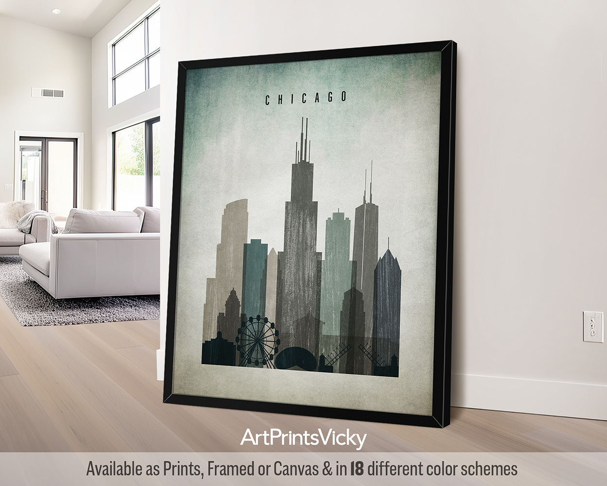 Chicago skyline poster with a heavily worn Distressed 3 style by ArtPrintsVicky