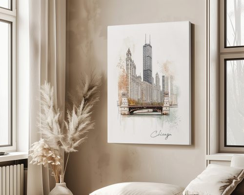 Art print of a cityscape featuring Chicago's skyline with a bridge and buildings.