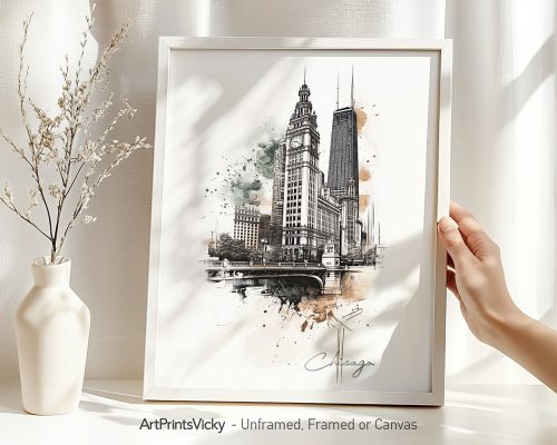 Framed drawing of a Chicago cityscape featuring prominent buildings and artistic elements.