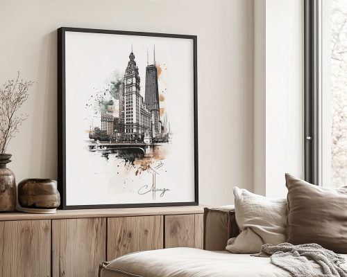 Illustration of a Chicago cityscape featuring notable buildings in a framed artwork.