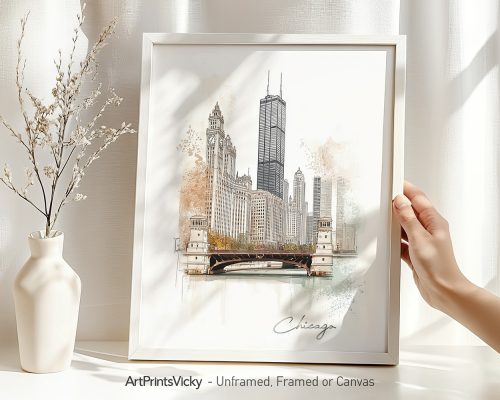 Art print of a Chicago cityscape featuring the Willis Tower and a bridge over the river.