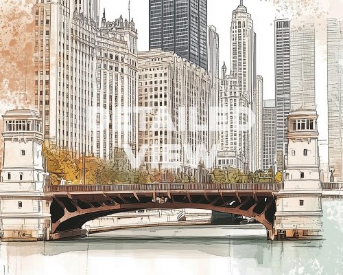 Illustration of a Chicago cityscape featuring buildings and a bridge over the river.
