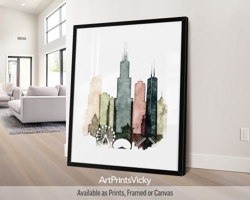Chicago Drawing Print in Colurful Tones by ArtPrintsVicky
