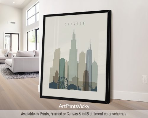 Chicago skyline wall art print in the "Earth Tones 1" style; features prominent landmarks by ArtPrintsVicky.