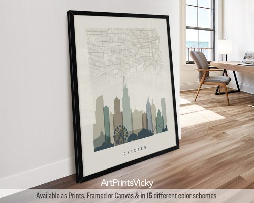 Chicago Poster in Earth Tones 1 | Skyline and Map, Modern Flair by ArtPrintsVicky