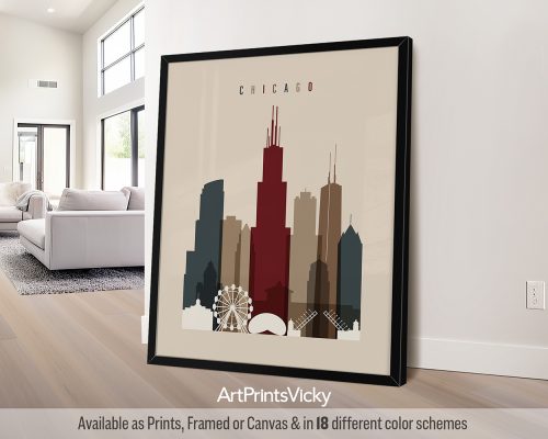 Chicago city skyline print in earth tones 2 by ArtPrintsVicky