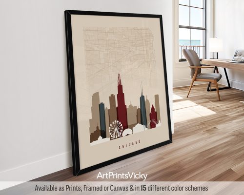 Earthy Chicago Poster | Skyline & Map, Sophisticated Décor by ArtPrintsVicky