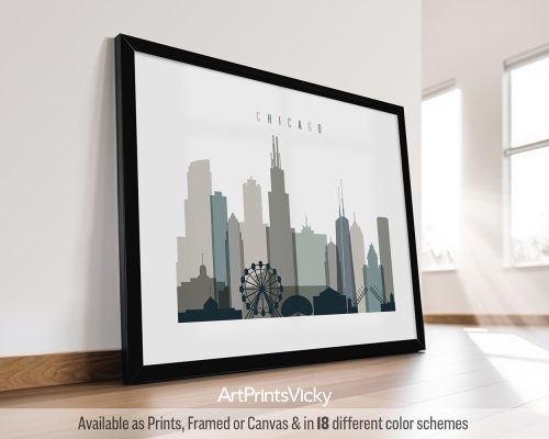 Chicago landscape city print featuring iconic skyscrapers, the vibrant cityscape, in a cool, natural Earth Tones 4 palette, by ArtPrintsVicky.
