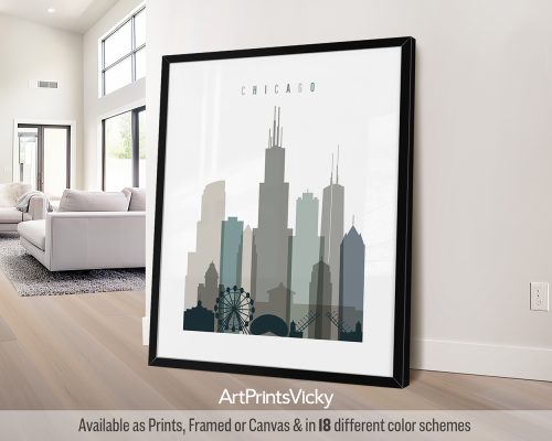Chicago minimalist art print in cool Earth Tones 4. Features the Willis Tower, Cloud Gate, and the John Hancock Center by ArtPrintsVicky