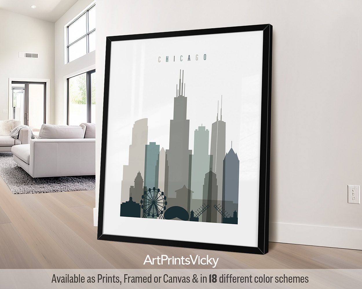 Chicago minimalist art print in cool Earth Tones 4. Features the Willis Tower, Cloud Gate, and the John Hancock Center by ArtPrintsVicky