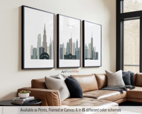 Cool Earth Tones 4 Chicago skyline set of 3 prints by ArtPrintsVicky