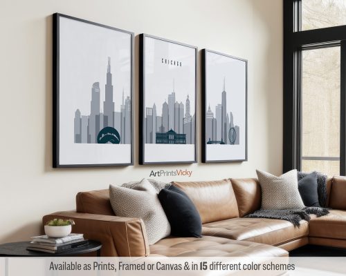 Grey blue Chicago skyline set of 3 prints by ArtPrintsVicky
