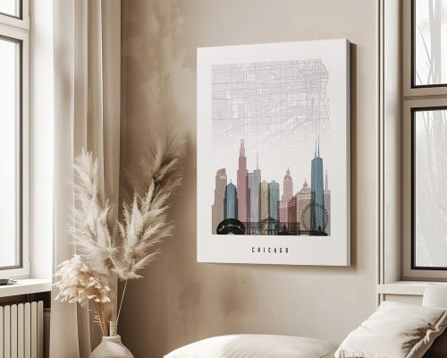 Art print of a Chicago city map with a skyline illustration in muted colors.