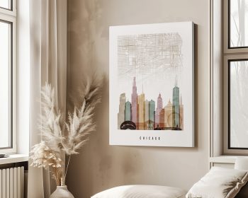 Art print of a Chicago city map with skyline illustration in muted colors.